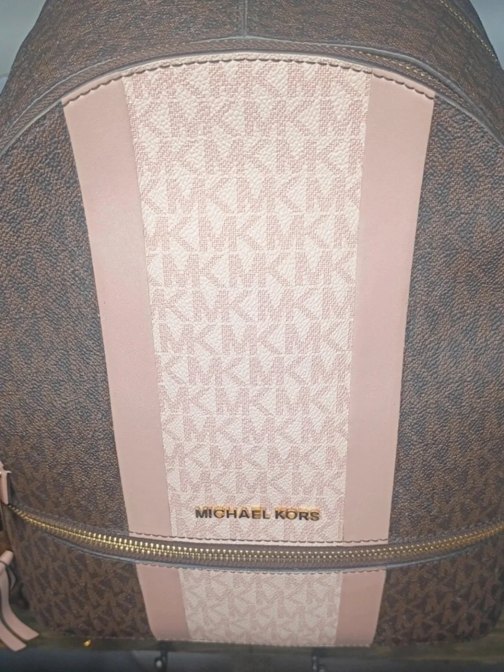 Michael Kors Rhea Zip Stripe Medium Backpack Pink & Brown Monogram